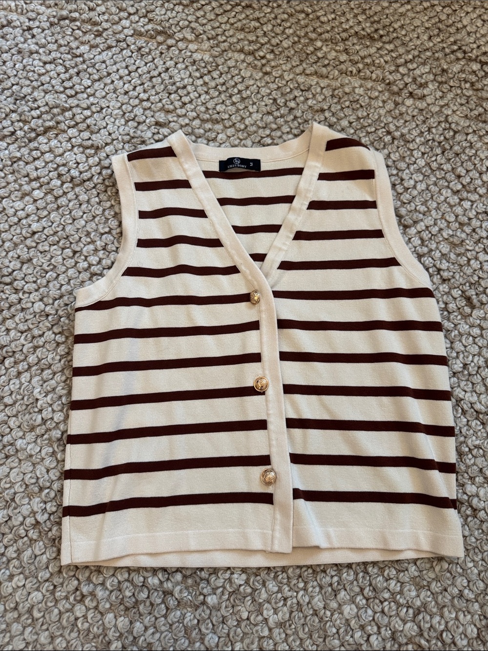 Striped Sleeveless Button-Front Knit Top - Cream & Brown/Red